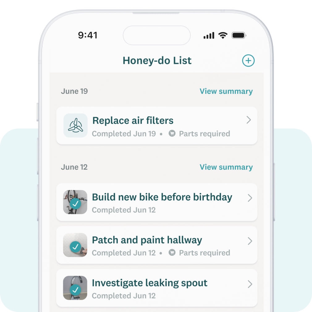 The Honey Homes app on a phone showing a homeowner's task list and upcoming visits