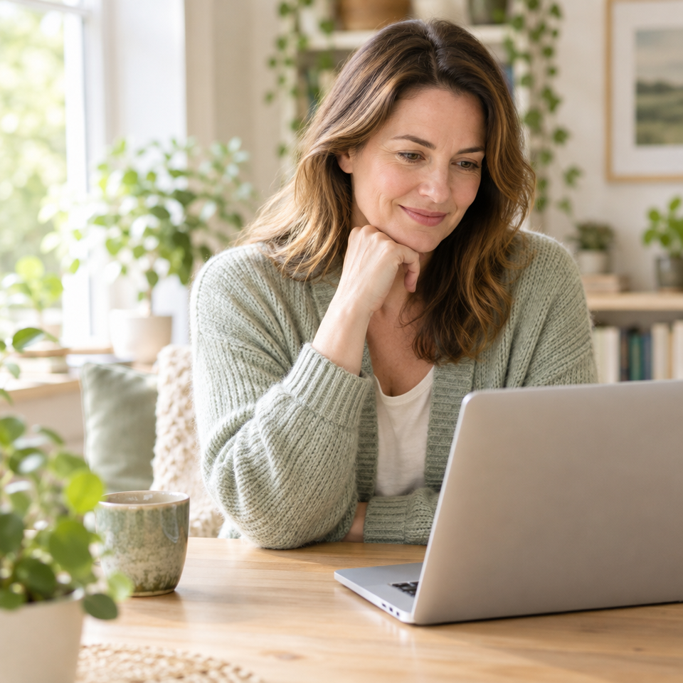 Vrouw aan een houten bureau kijkt rustig naar haar laptop
